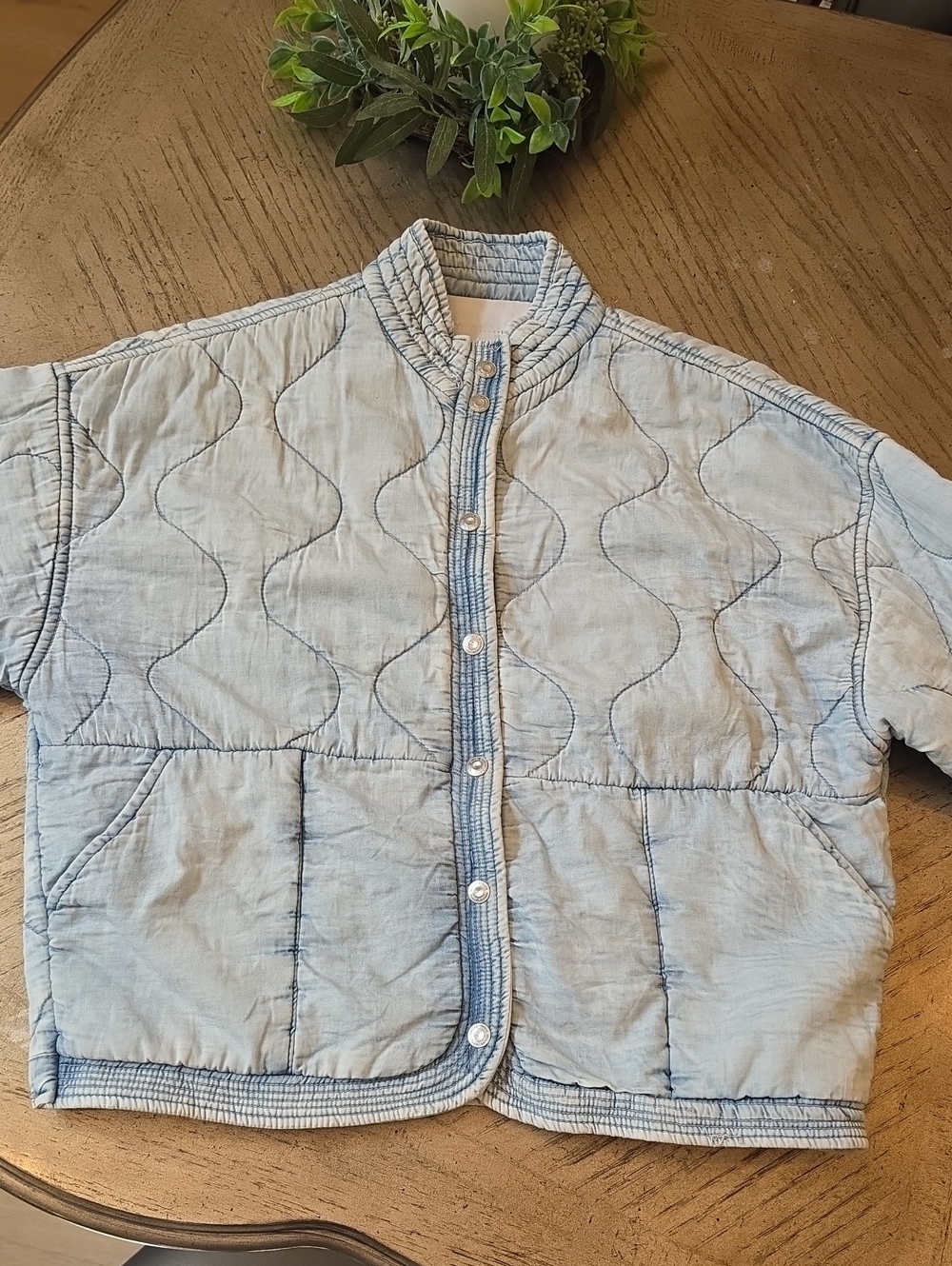 Light Blue Quilted Denim Jacket Size S- Casual Snap Front
